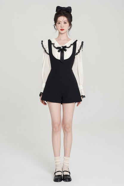 French Ruffle Shirt Suspender Shorts Set