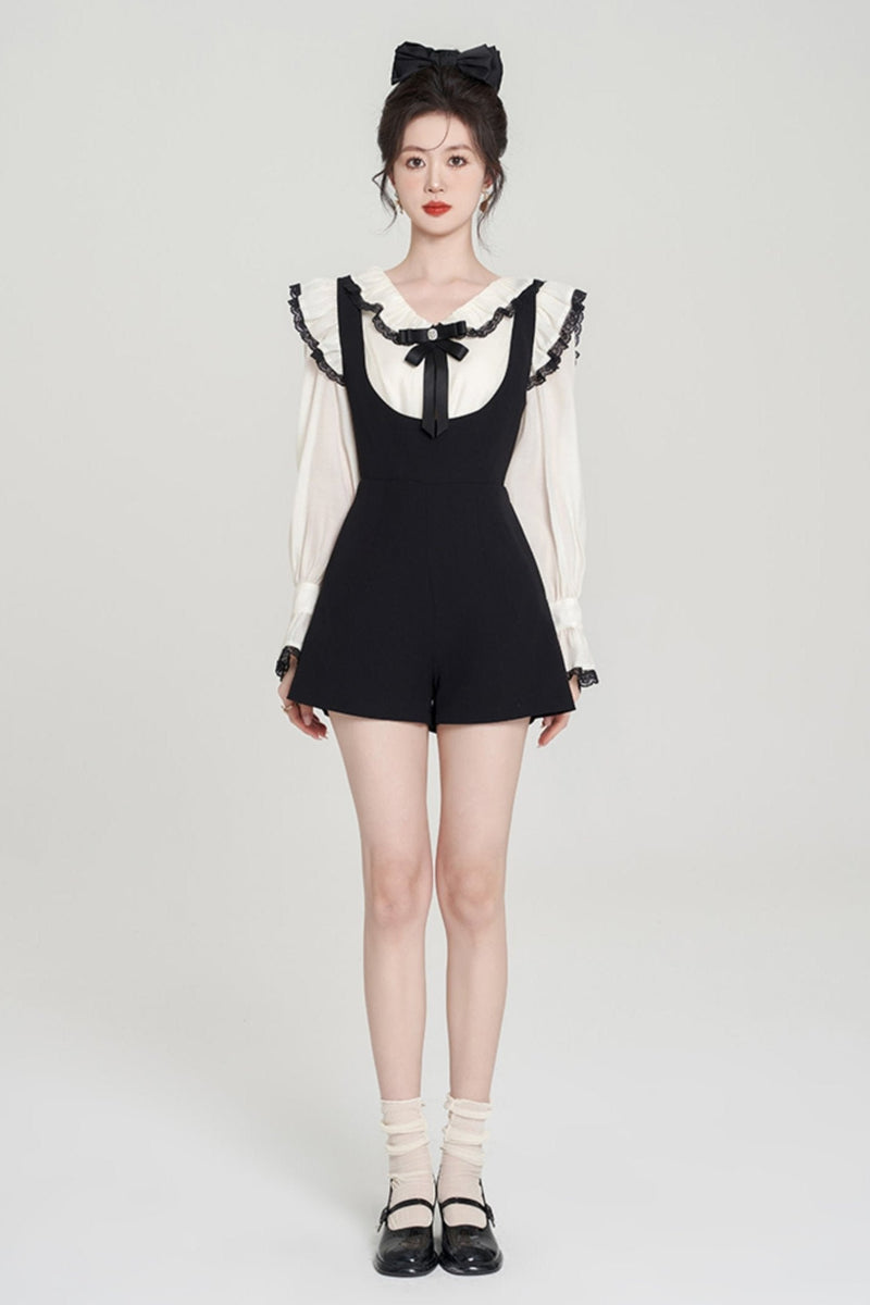 French Ruffle Shirt Suspender Shorts Set
