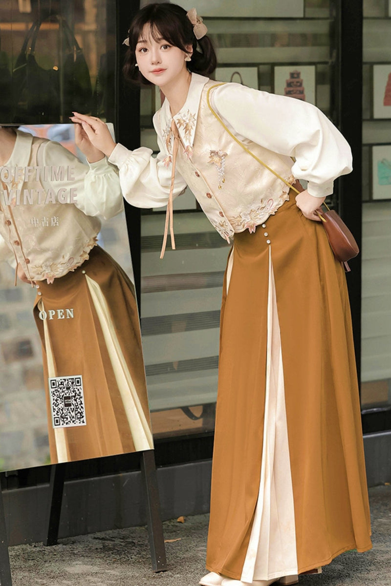 Retro Autumn Chinese Vest + Shirt + Skirt