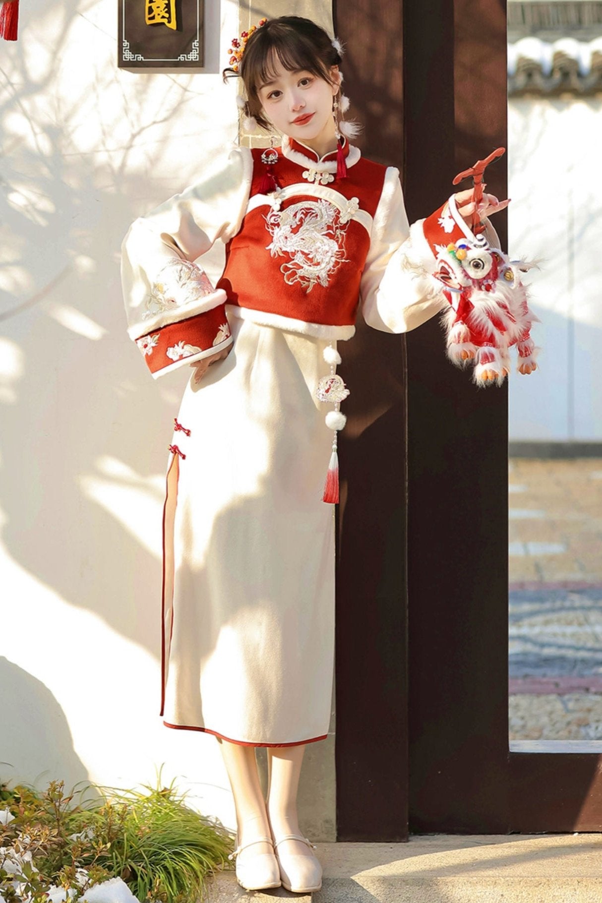 Modified Red Chinese-style Vest + Long Dress
