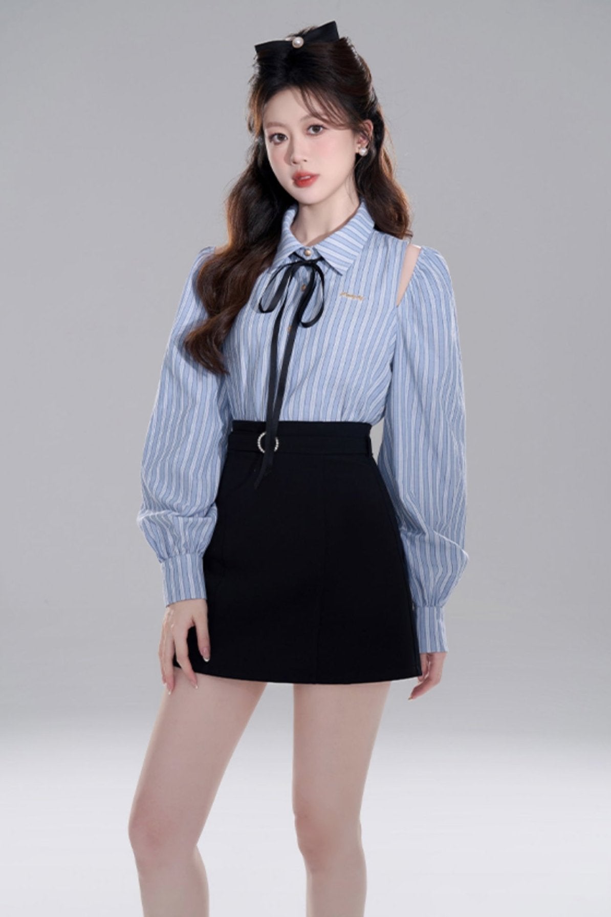 Blue Stripe Off-shoulder Crop Set