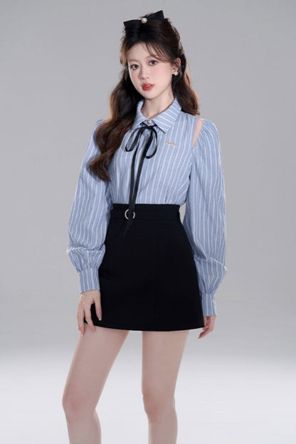 Blue Stripe Off-shoulder Crop Set