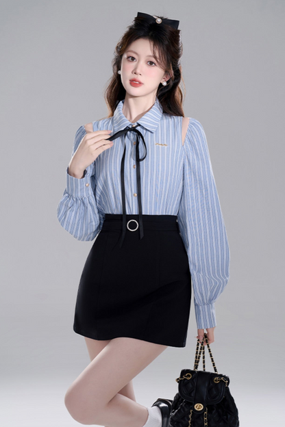 Blue Stripe Off-shoulder Crop Set