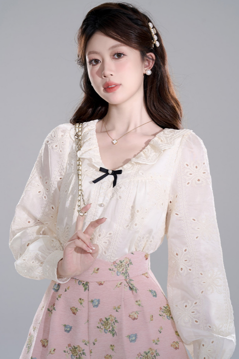 Apricot Ruffle Long Sleeve Shirt Set