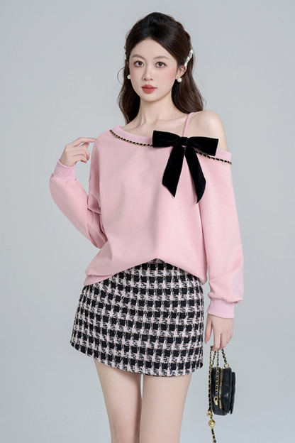Pink Slant Shoulder Loose Sweatshirt Set