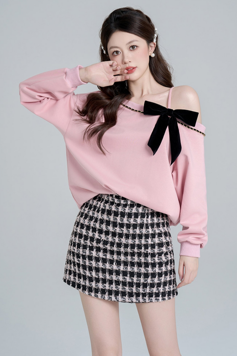 Pink Slant Shoulder Loose Sweatshirt Set