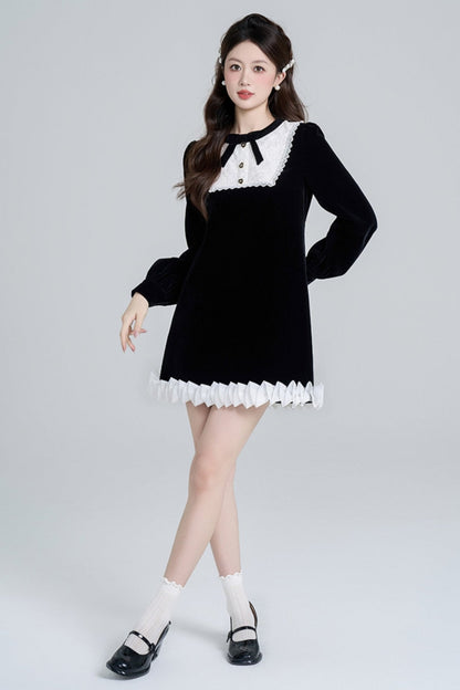 Black Velvet French Retro Dress