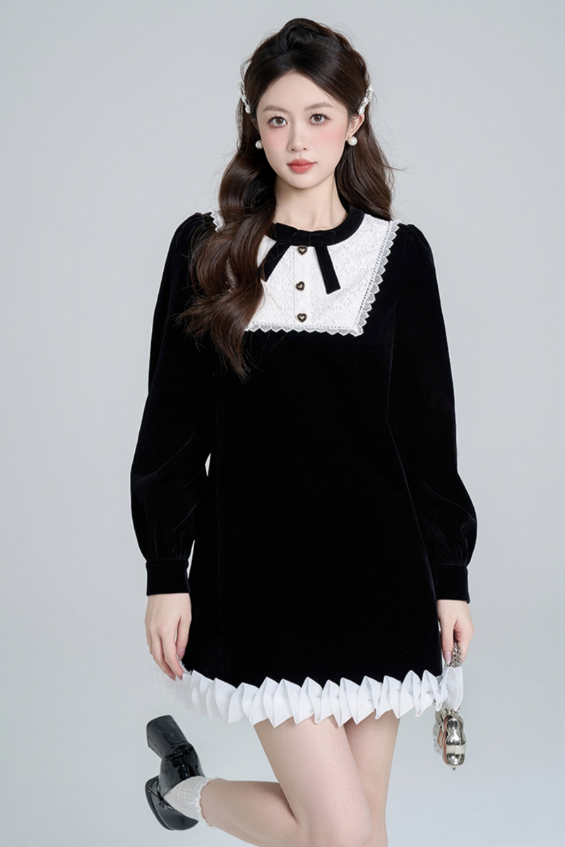 Black Velvet French Retro Dress