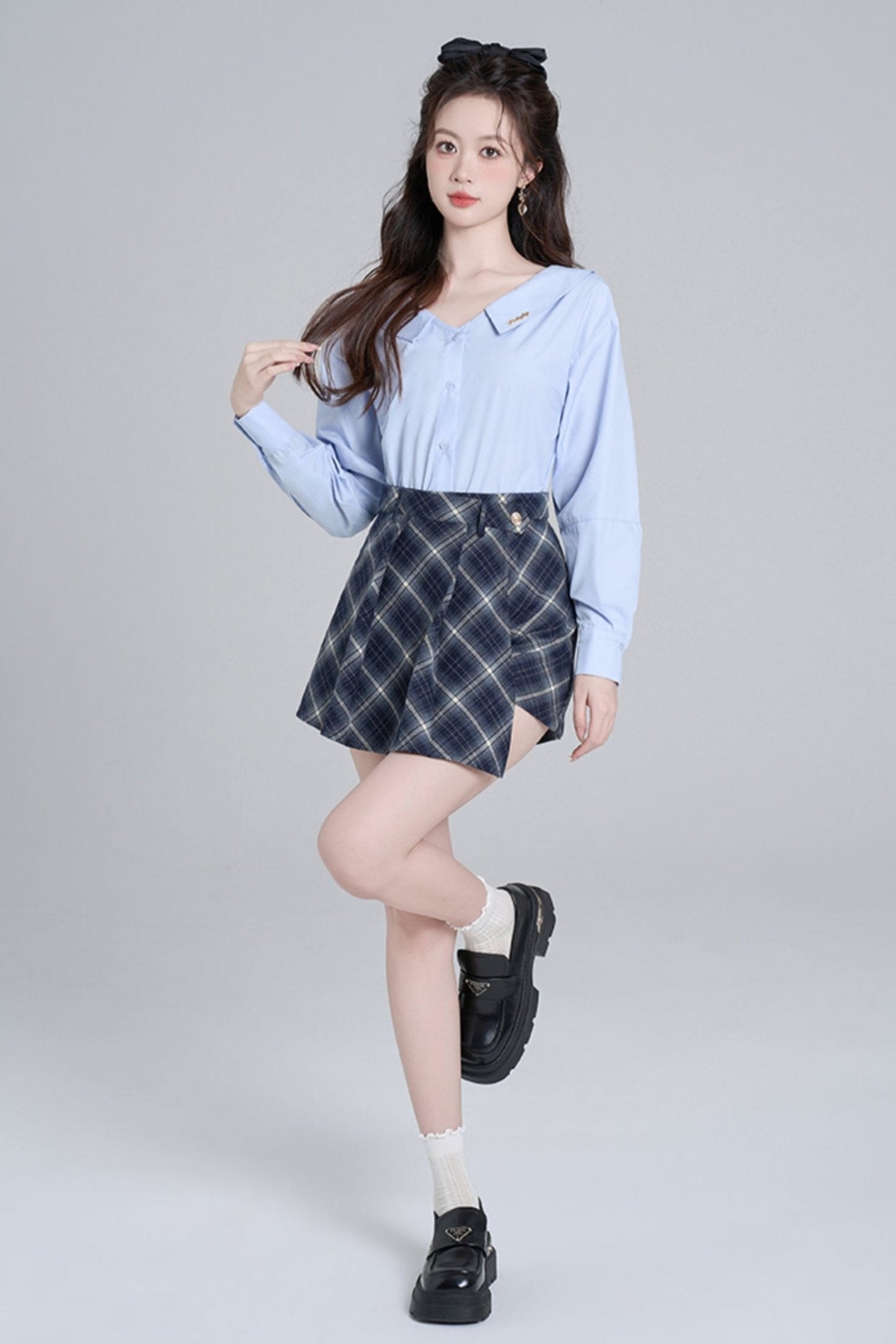 Blue Neck French Loose Shirt Set