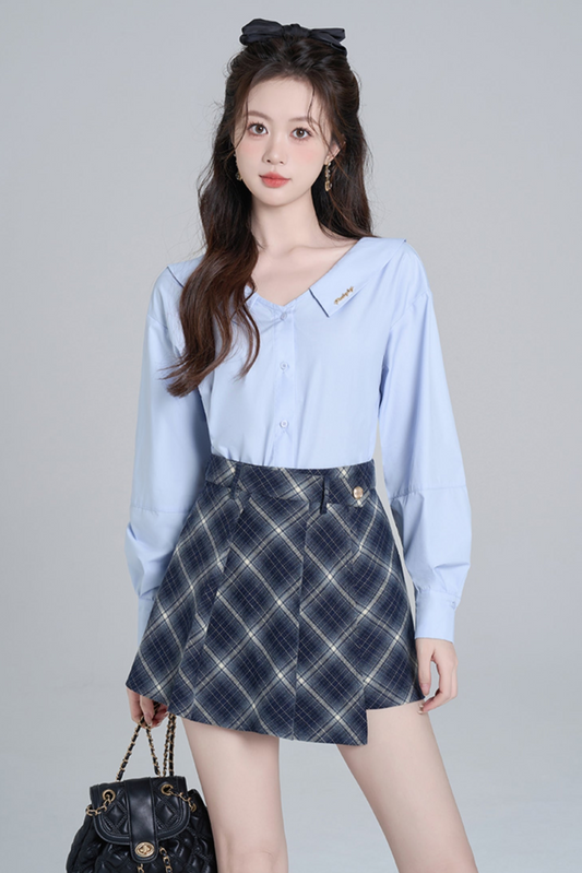 Blue Neck French Loose Shirt Set