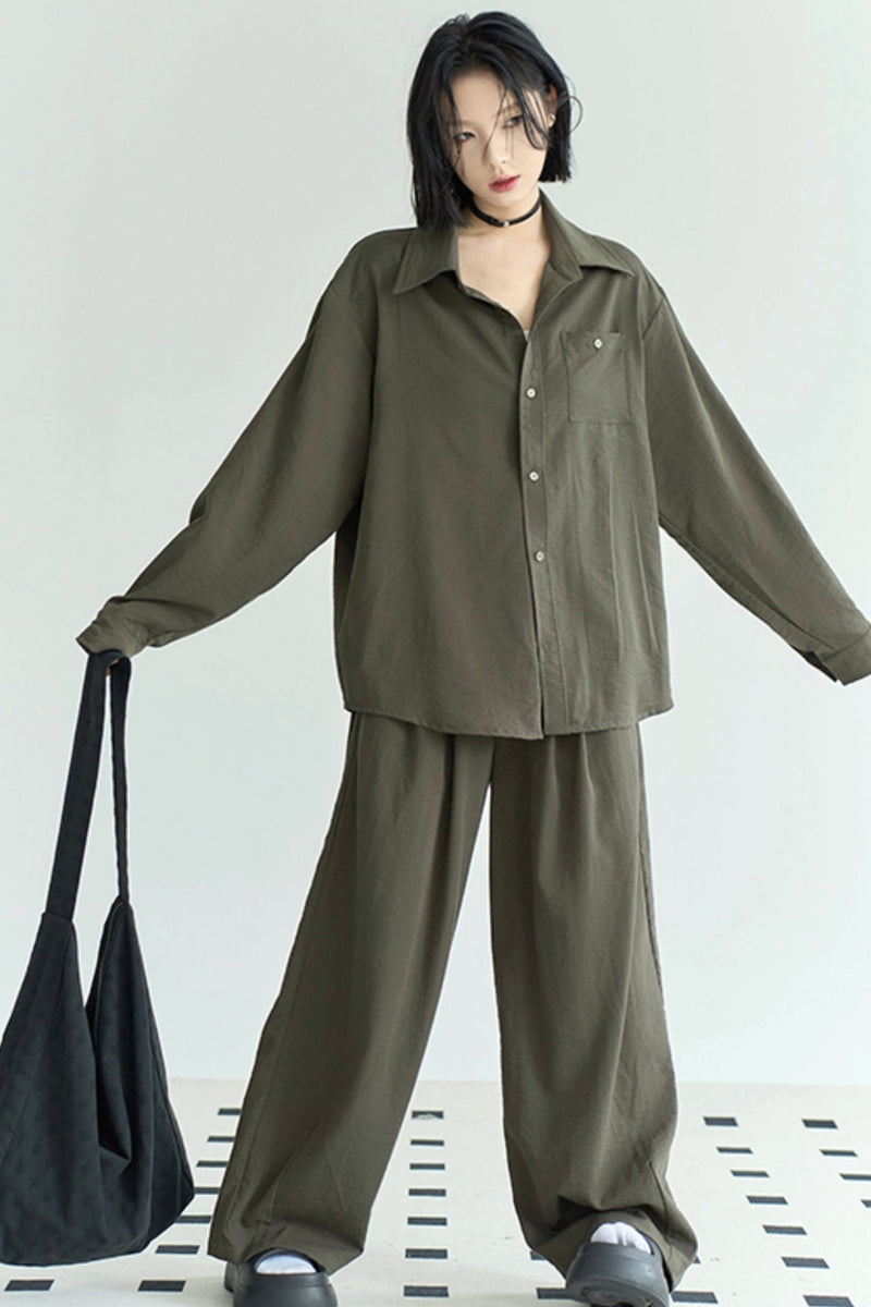 Cotton Linen Long Sleeve Shirt Trousers Set