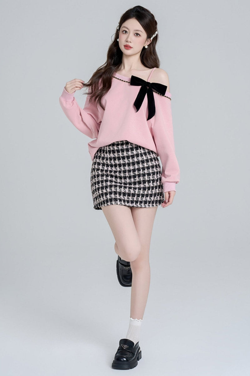 Pink Slant Shoulder Loose Sweatshirt Set