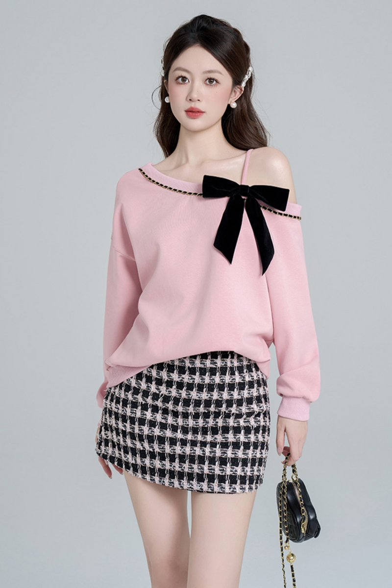 Pink Slant Shoulder Loose Sweatshirt Set