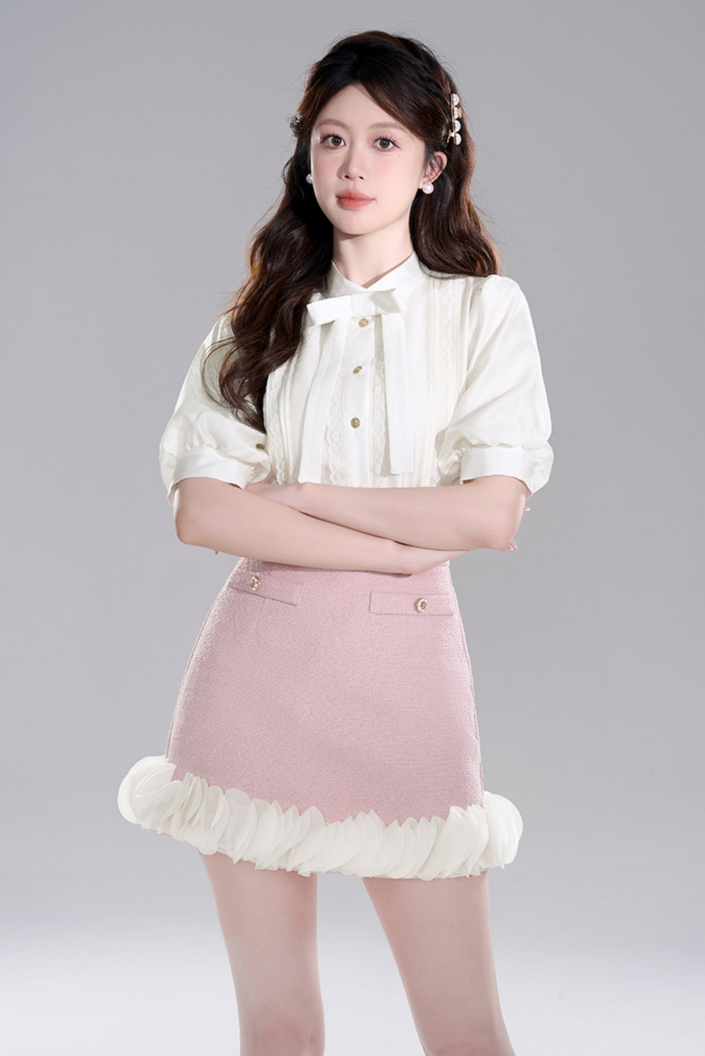 Apricot Half Sleeve Lace Crop Set