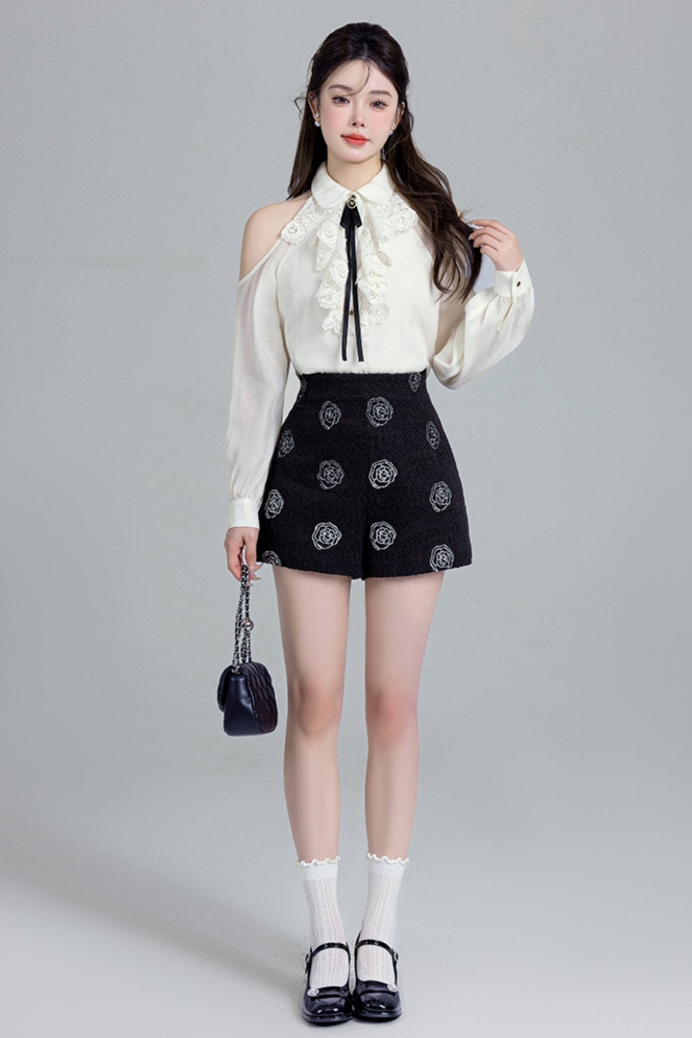French Lace Off-shoulder Shirt Set