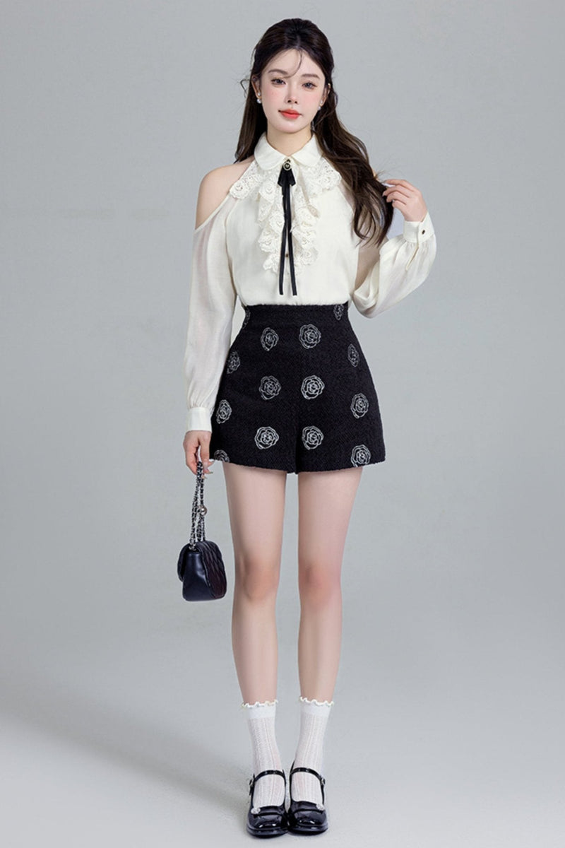 French Lace Off-shoulder Shirt Set