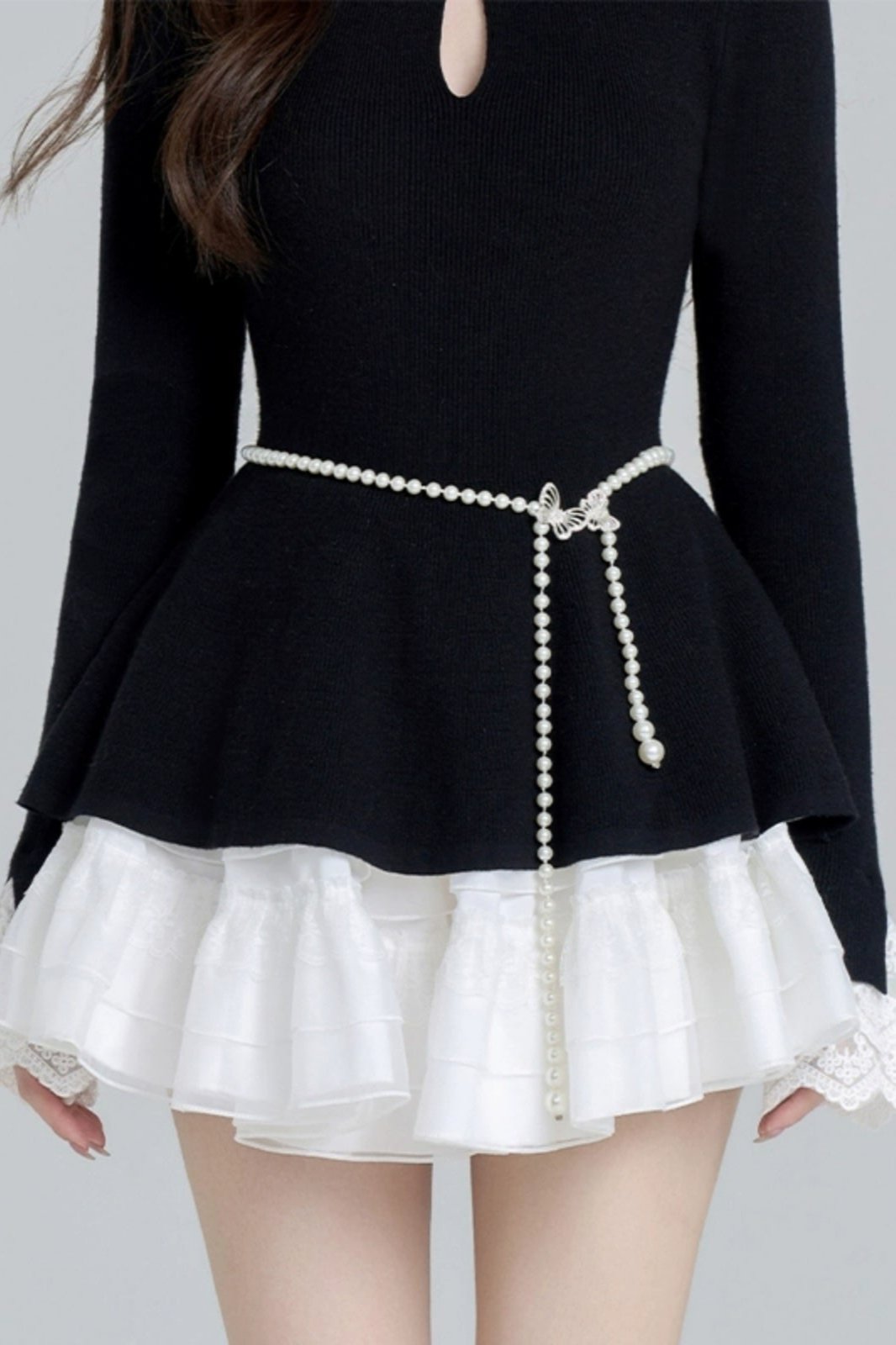 Black Bead Waist Knit + Girly Skirt + Waist Chain