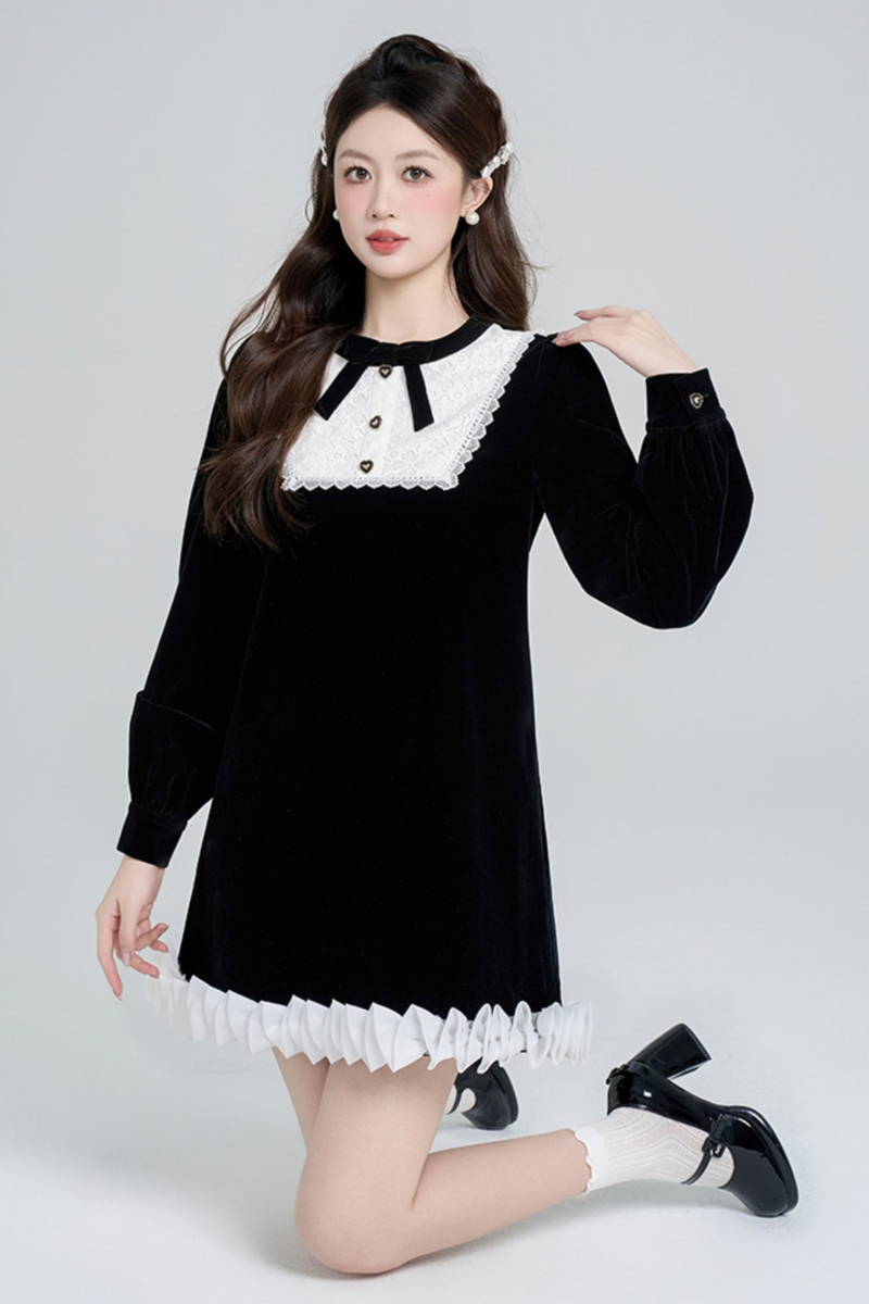 Black Velvet French Retro Dress