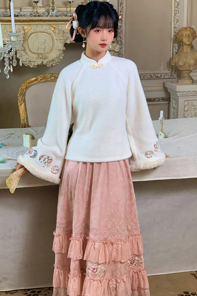 [pre-order] Stand Collar Vest and Lace Skirt Set
