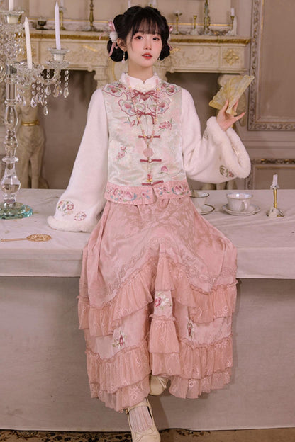 [pre-order] Stand Collar Vest and Lace Skirt Set