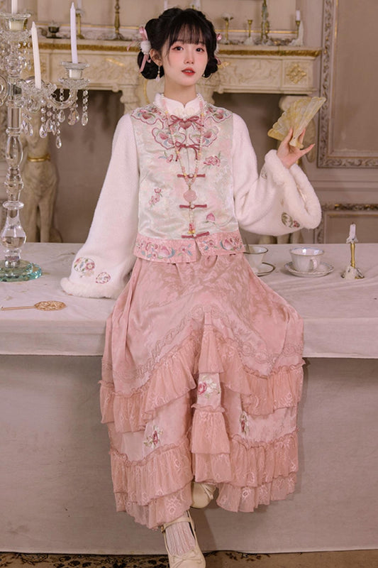 [pre-order] Stand Collar Vest and Lace Skirt Set