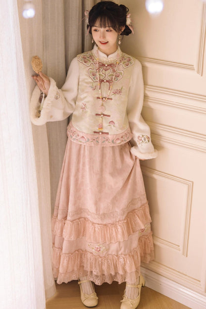 [pre-order] Stand Collar Vest and Lace Skirt Set