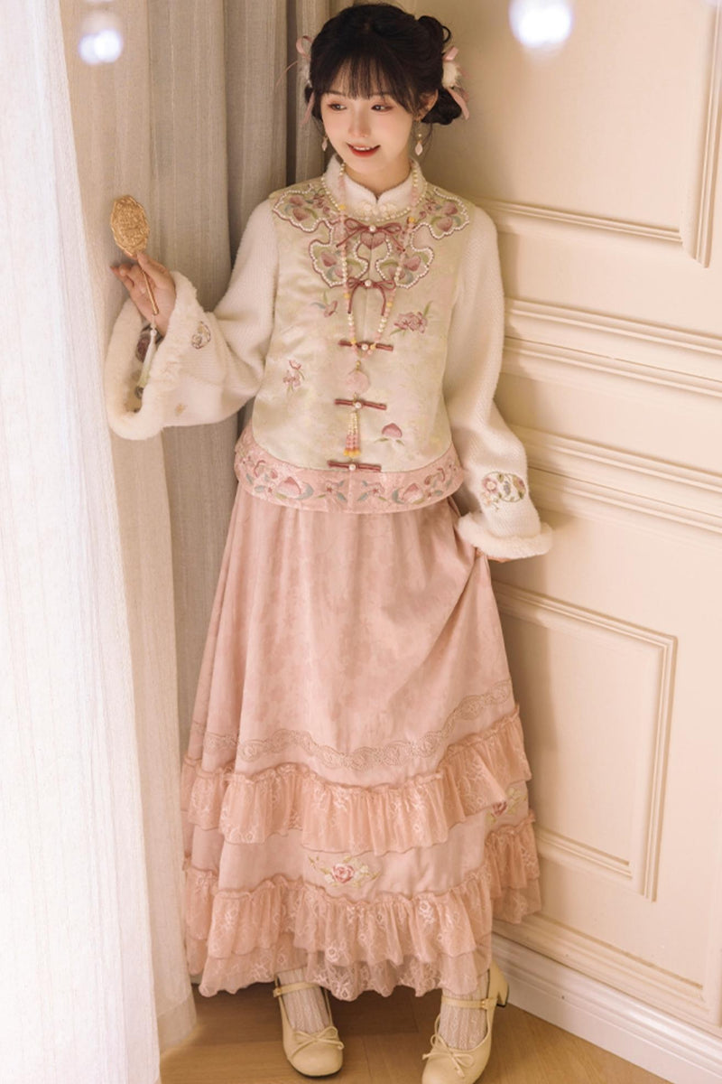 [pre-order] Stand Collar Vest and Lace Skirt Set