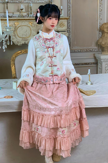 [pre-order] Stand Collar Vest and Lace Skirt Set