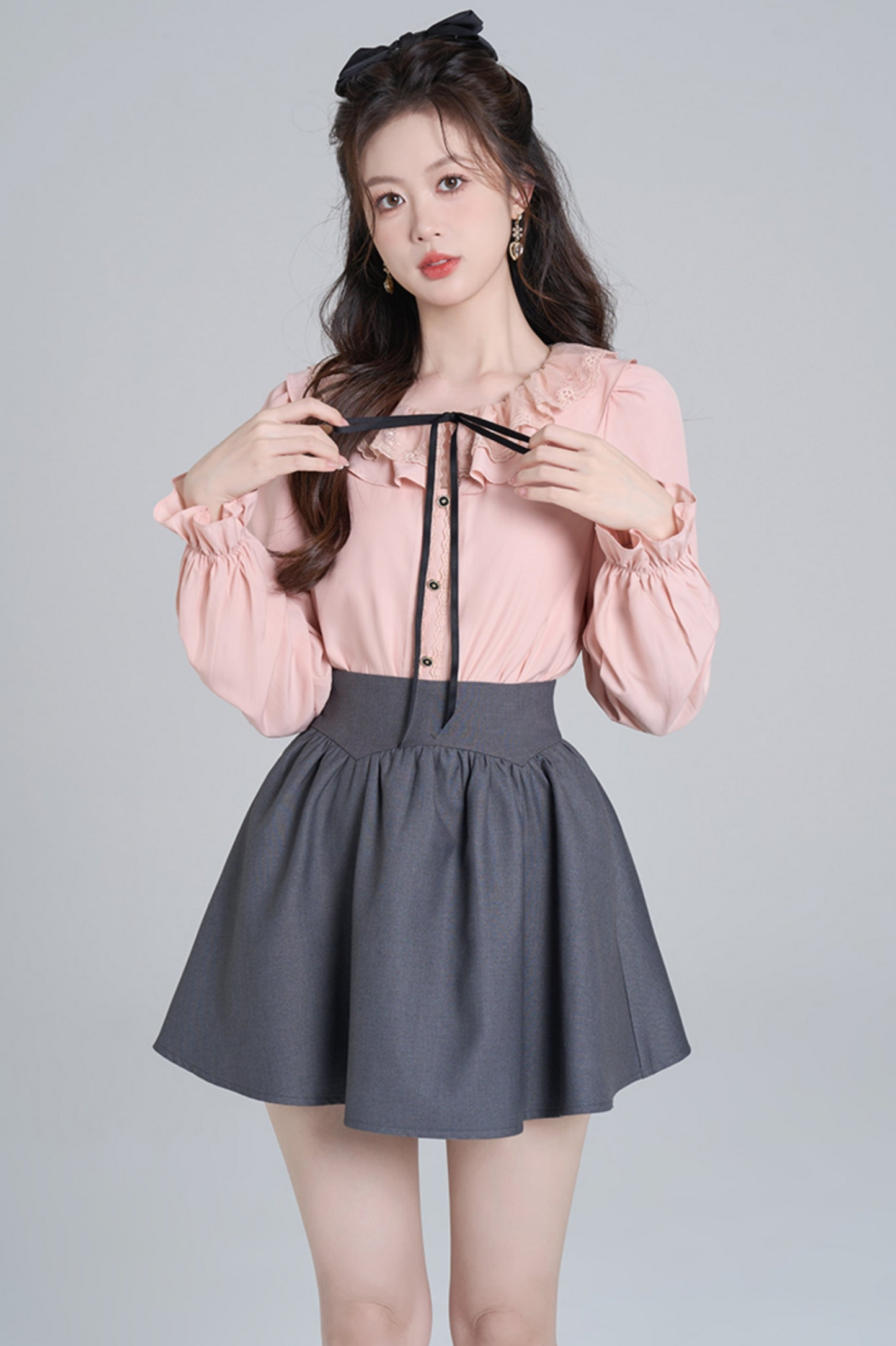 Pink Ruffle Loose Lace Shirt Set