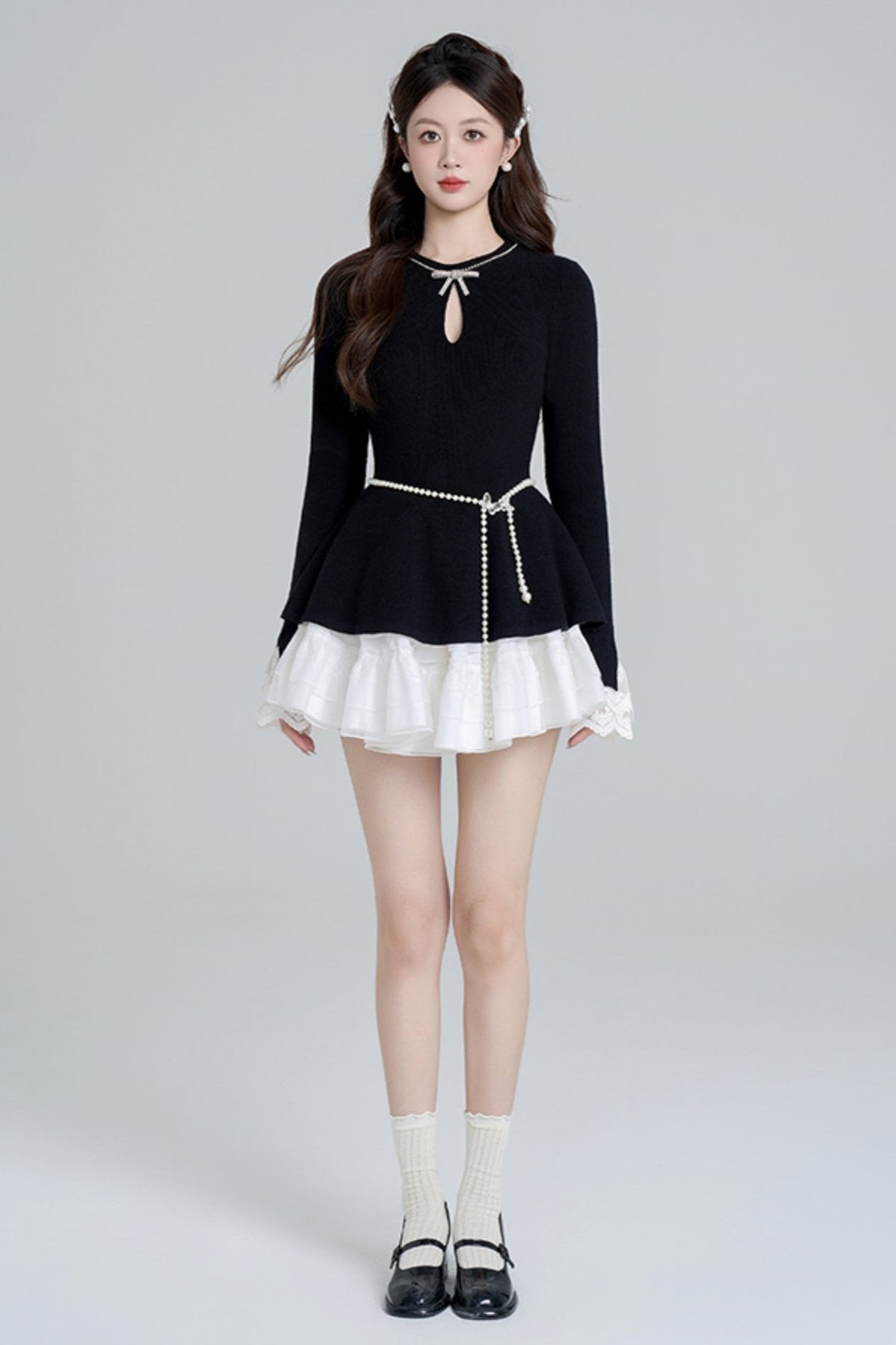 Black Bead Waist Knit + Girly Skirt + Waist Chain