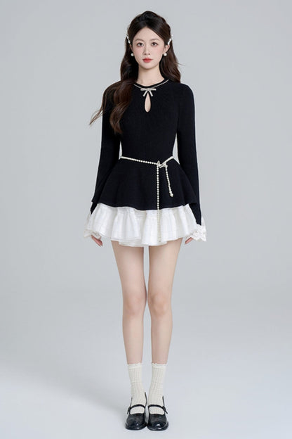 Black Bead Waist Knit + Girly Skirt + Waist Chain