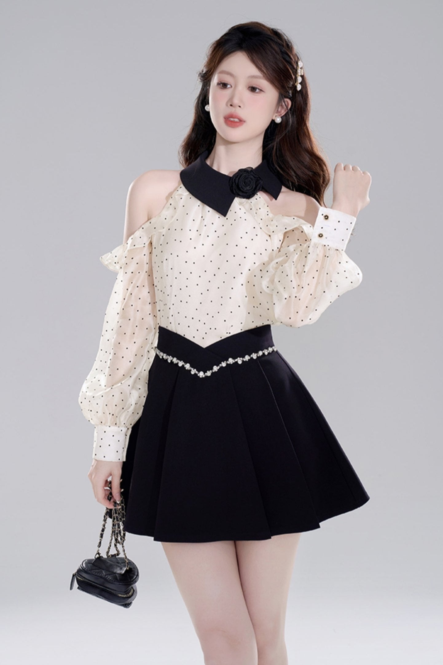 Polka Dot Off-shoulder Chiffon Top Set