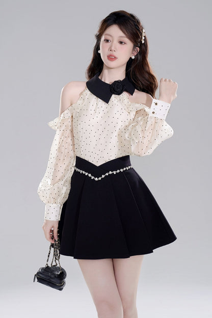 Polka Dot Off-shoulder Chiffon Top Set