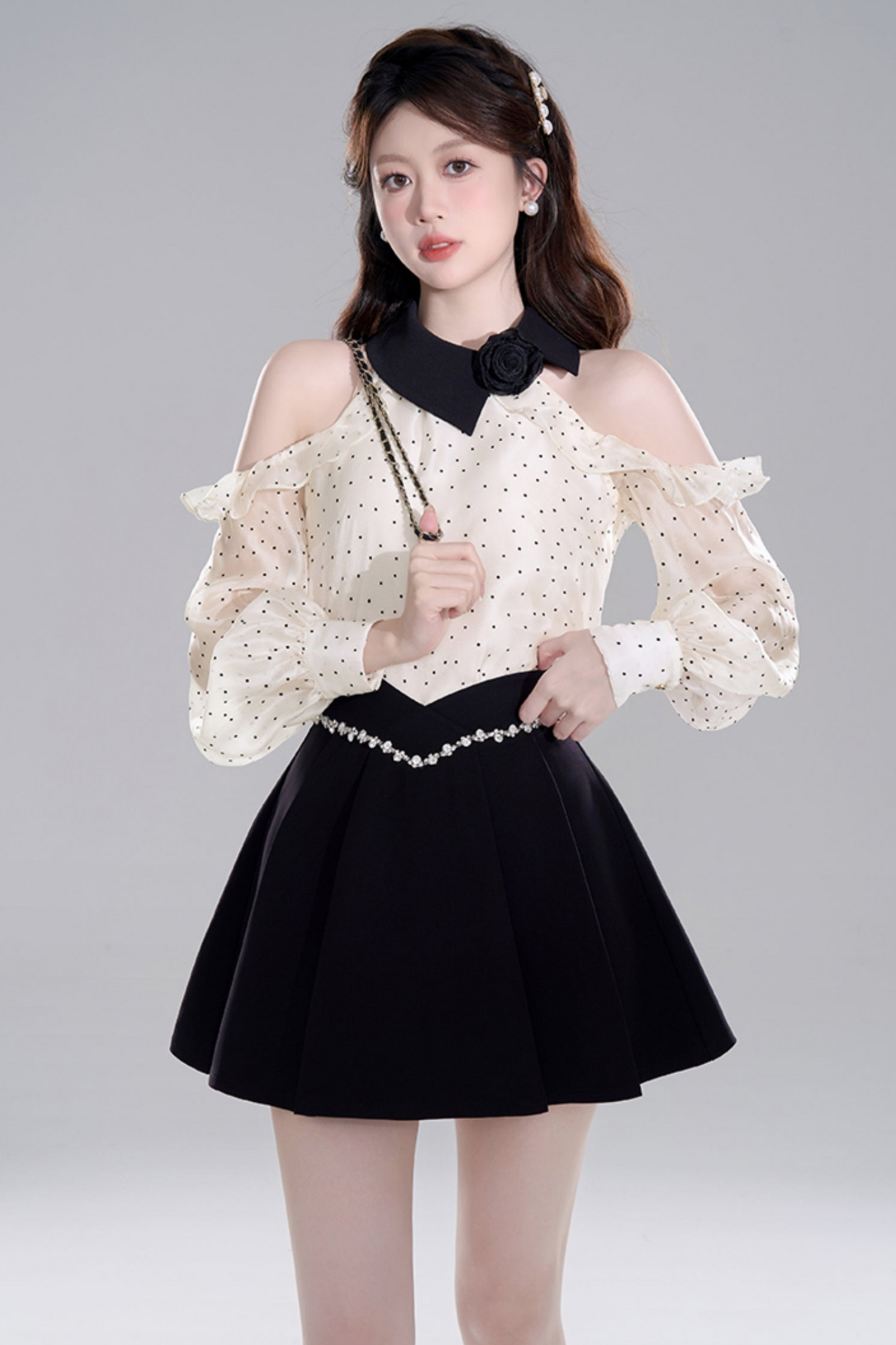 Polka Dot Off-shoulder Chiffon Top Set