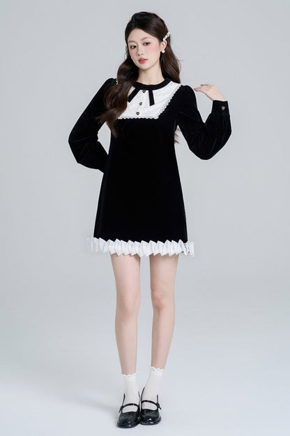 Black Velvet French Retro Dress
