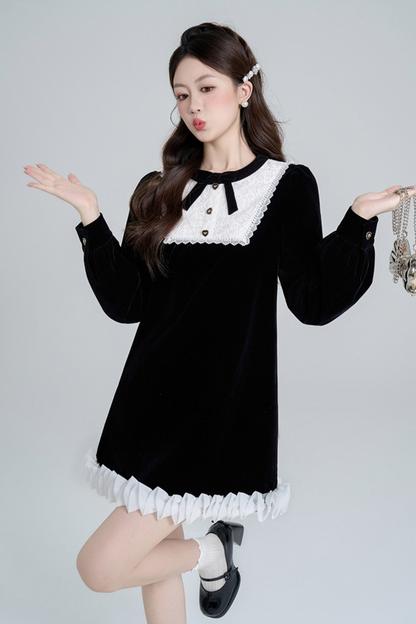 Black Velvet French Retro Dress