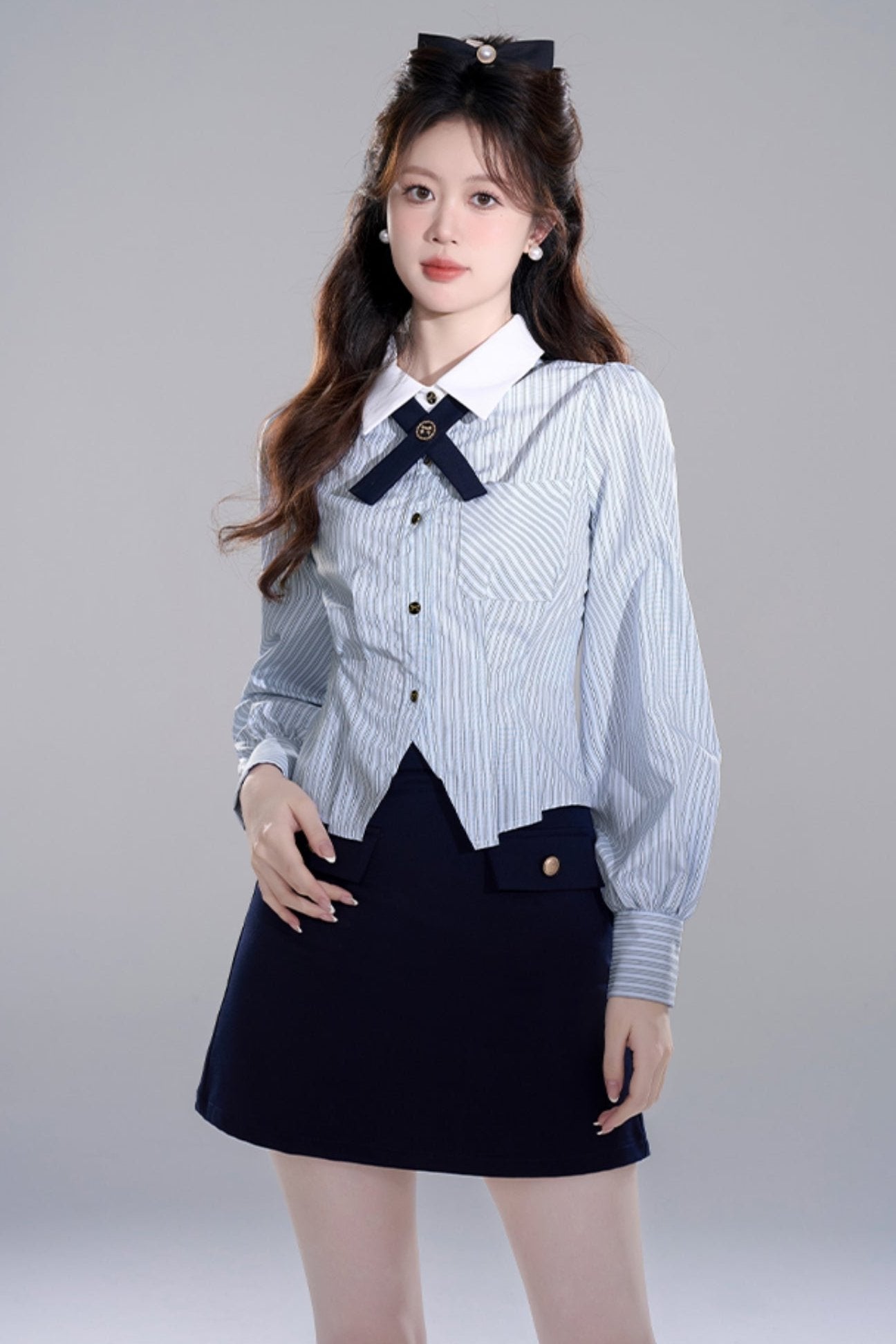 Blue Striped Preppy Long Sleeve Crop Set