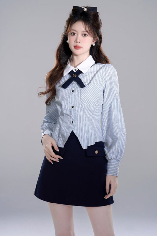 Blue Striped Preppy Long Sleeve Crop Set