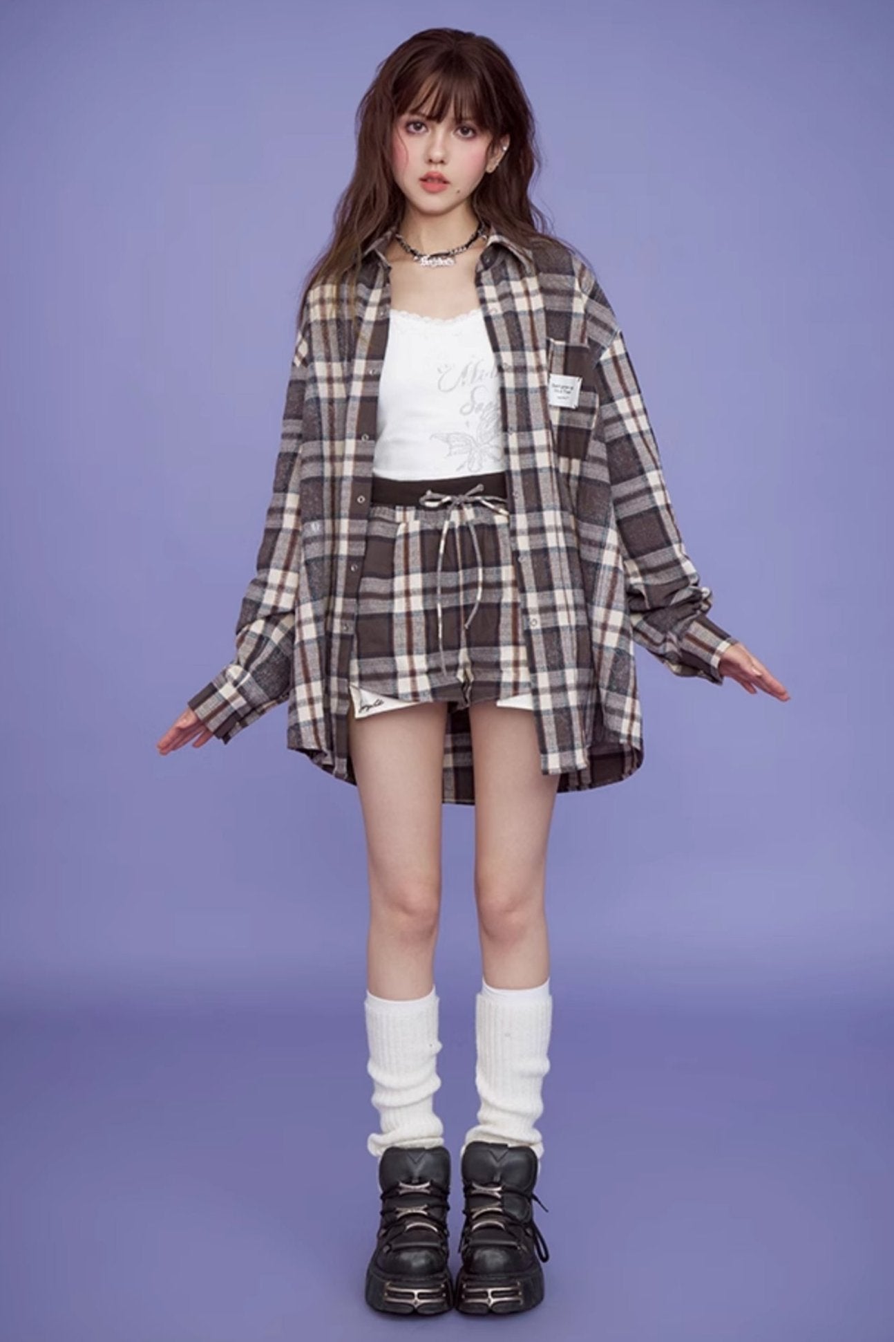 Brown Plaid Long Sleeve Set