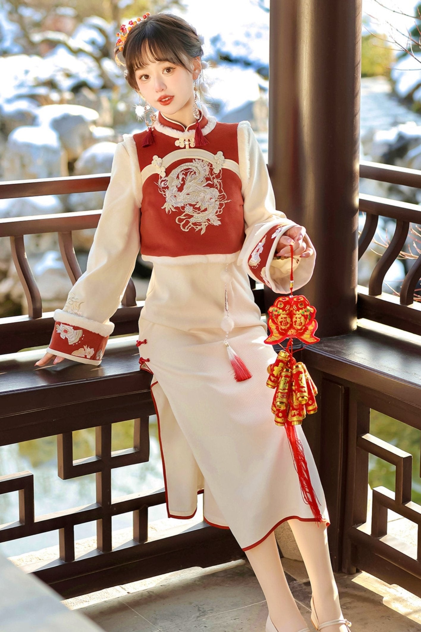 Modified Red Chinese-style Vest + Long Dress