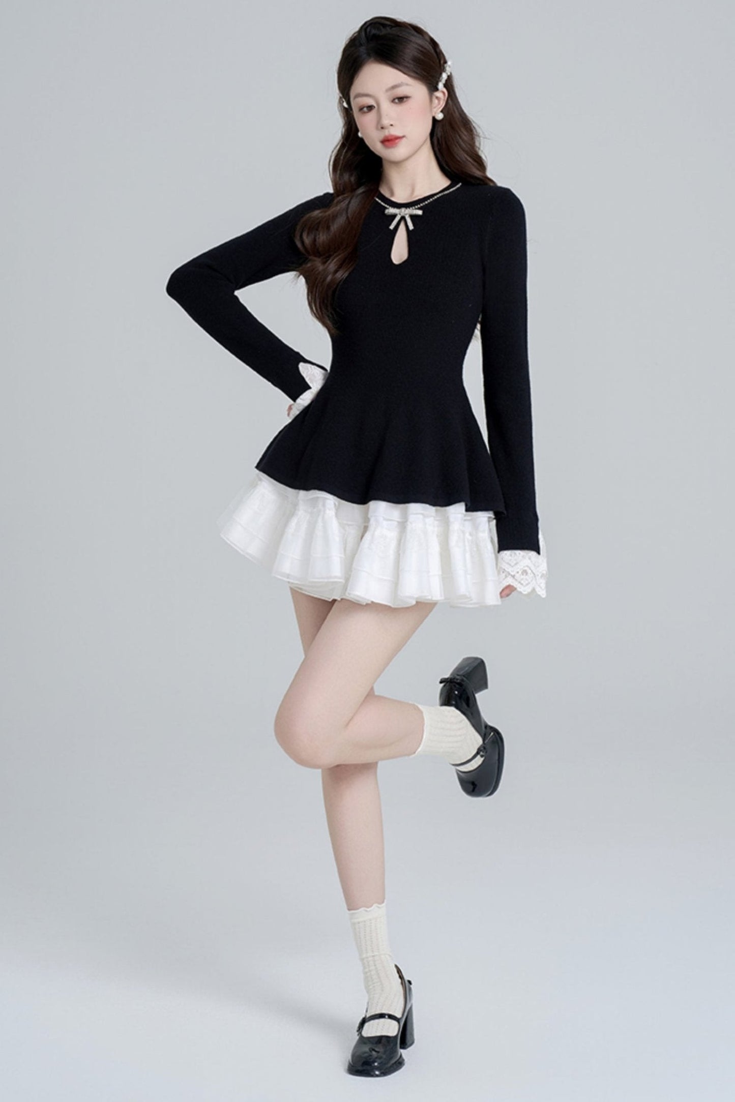 Black Bead Waist Knit + Girly Skirt + Waist Chain