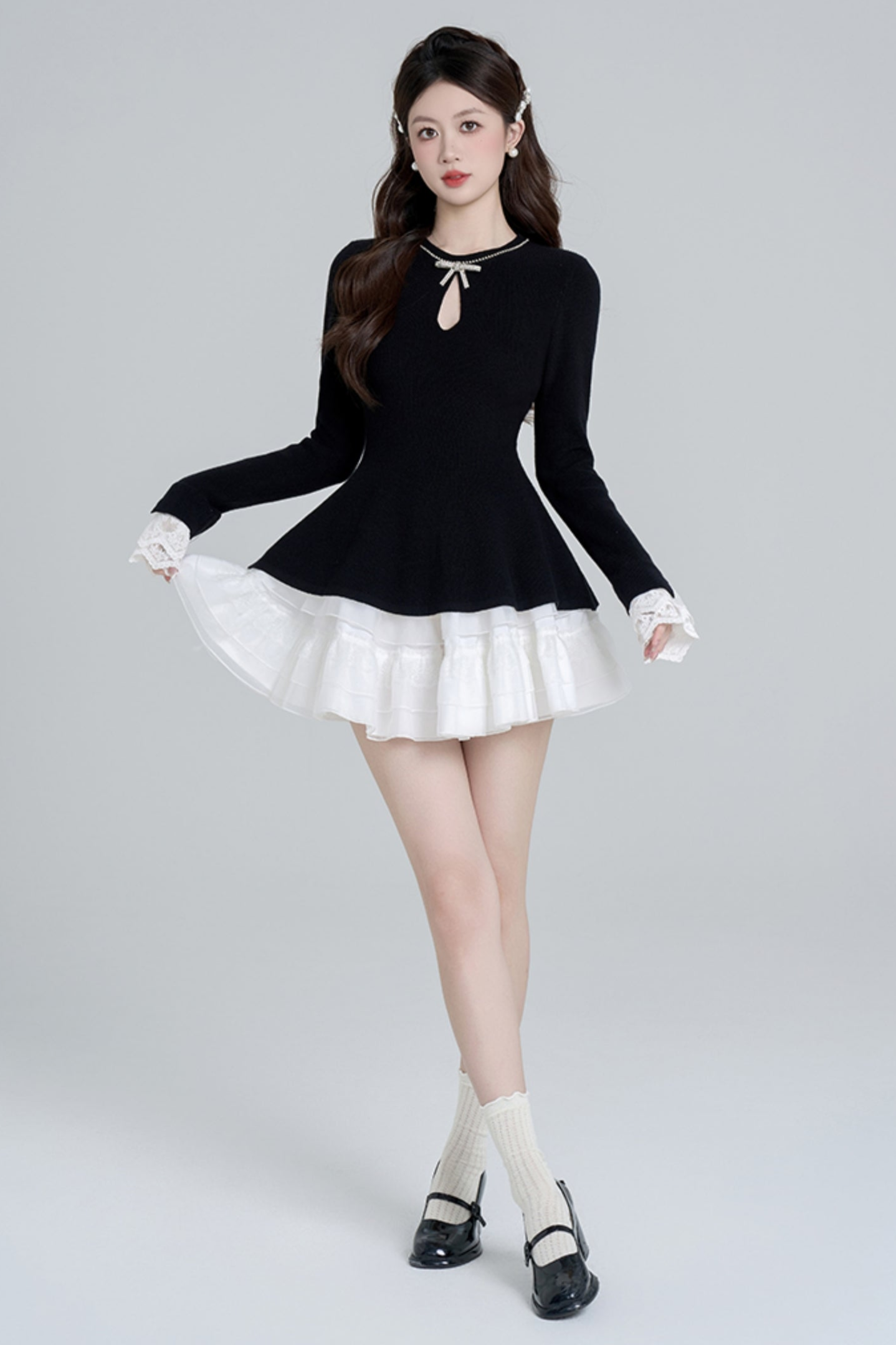 Black Bead Waist Knit + Girly Skirt + Waist Chain