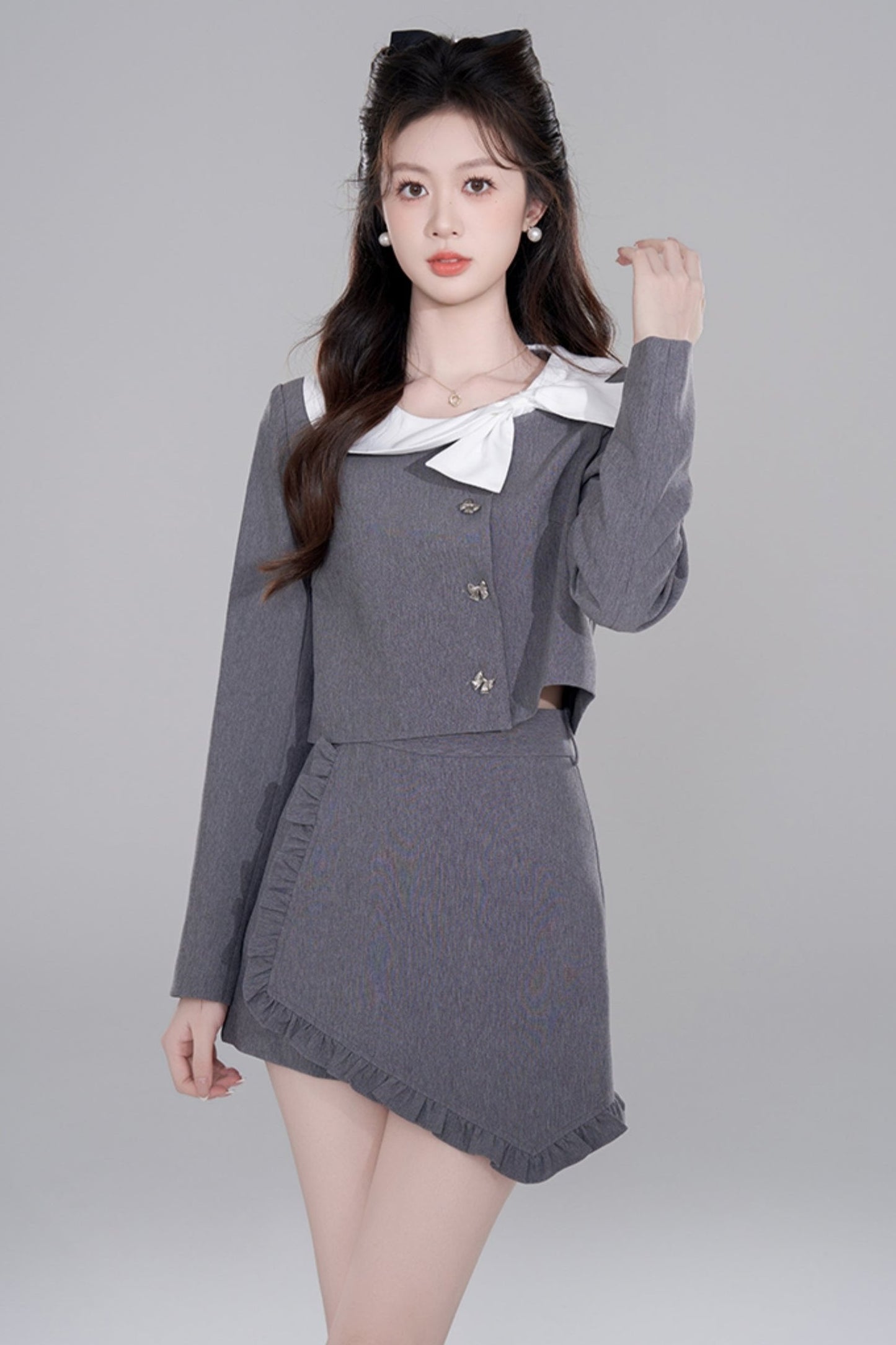Gray Two-piece Short Coat Skirt Set