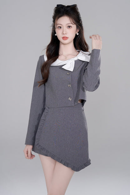 Gray Two-piece Short Coat Skirt Set