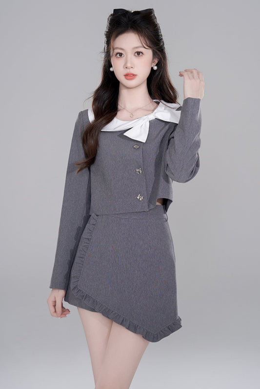 Gray Two-piece Short Coat Skirt Set