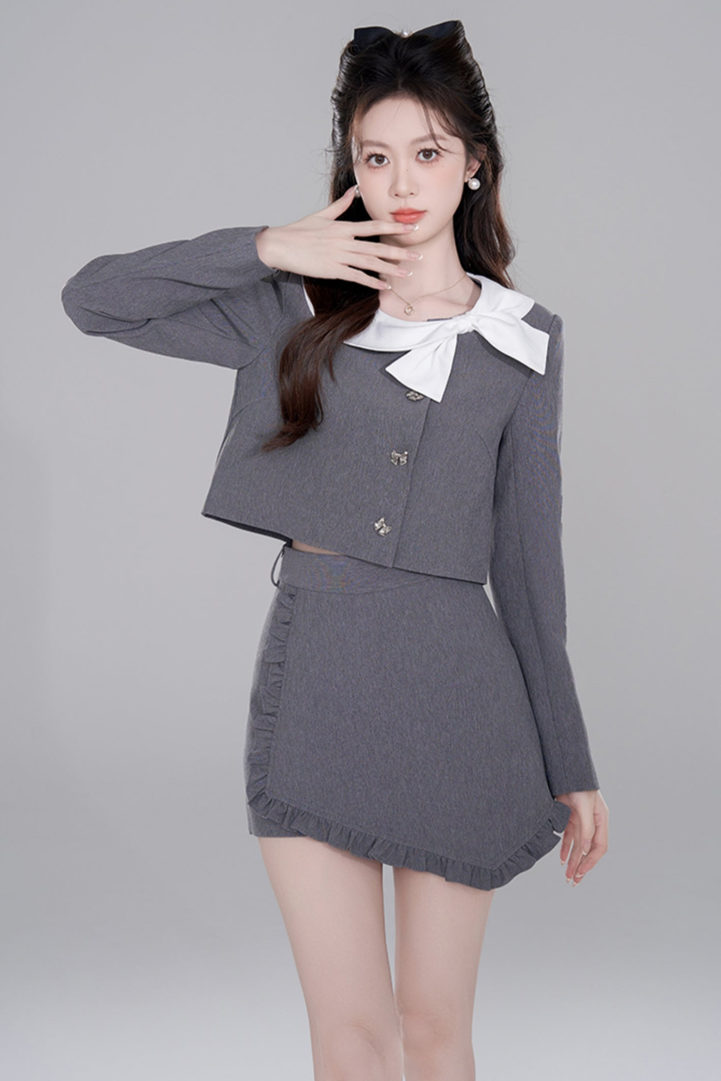 Gray Two-piece Short Coat Skirt Set
