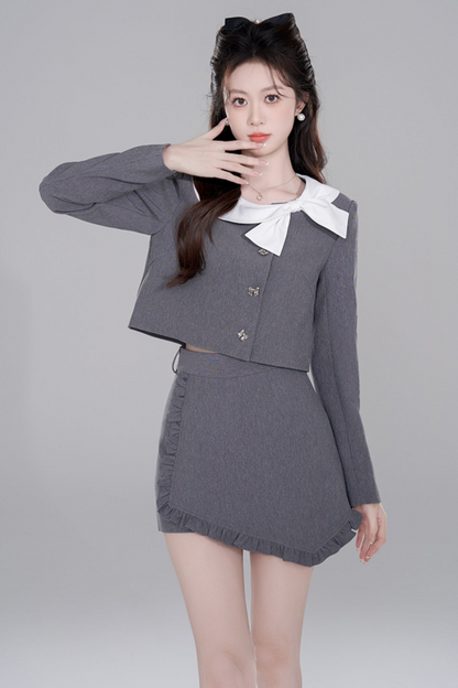 Gray Two-piece Short Coat Skirt Set