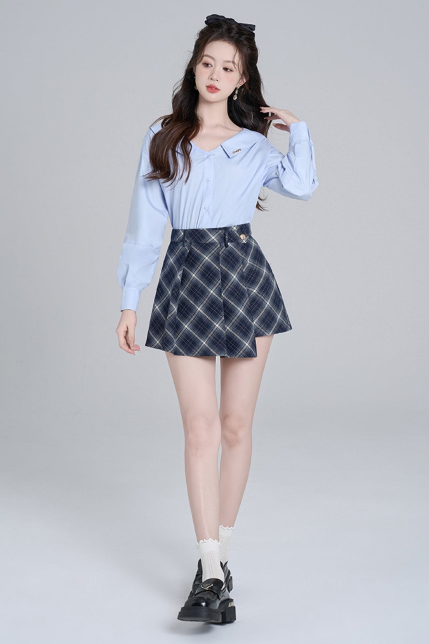 Blue Neck French Loose Shirt Set