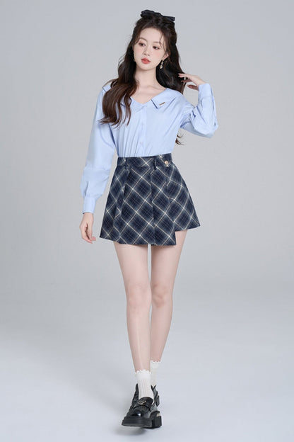 Blue Neck French Loose Shirt Set