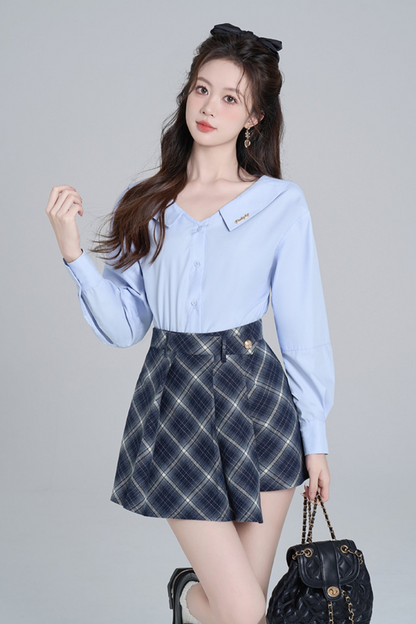 Blue Neck French Loose Shirt Set